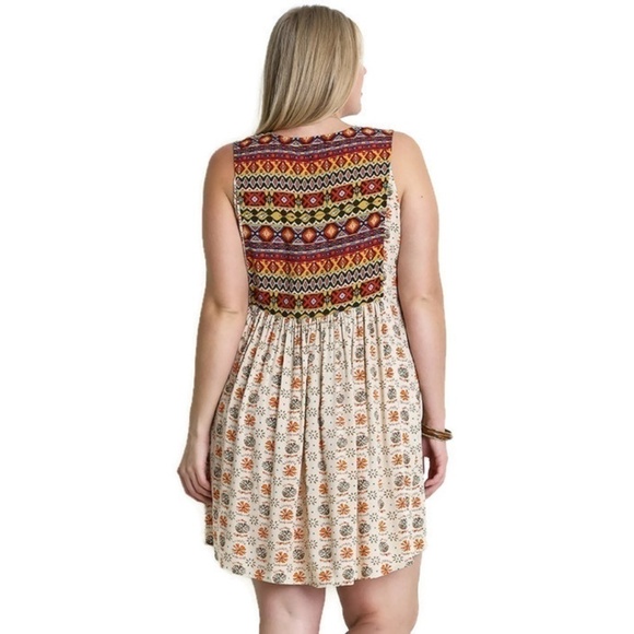 Taupe Mixed Sleeveless Printed Peasant Dress - Picture 3 of 4